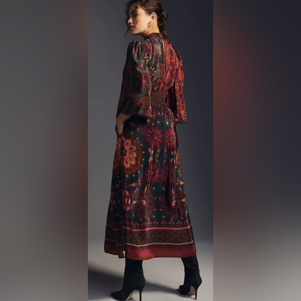NWT STUNNING Farm Rio x Anthropologie Dress side zipper pockets crochet trim - Picture 8 of 16